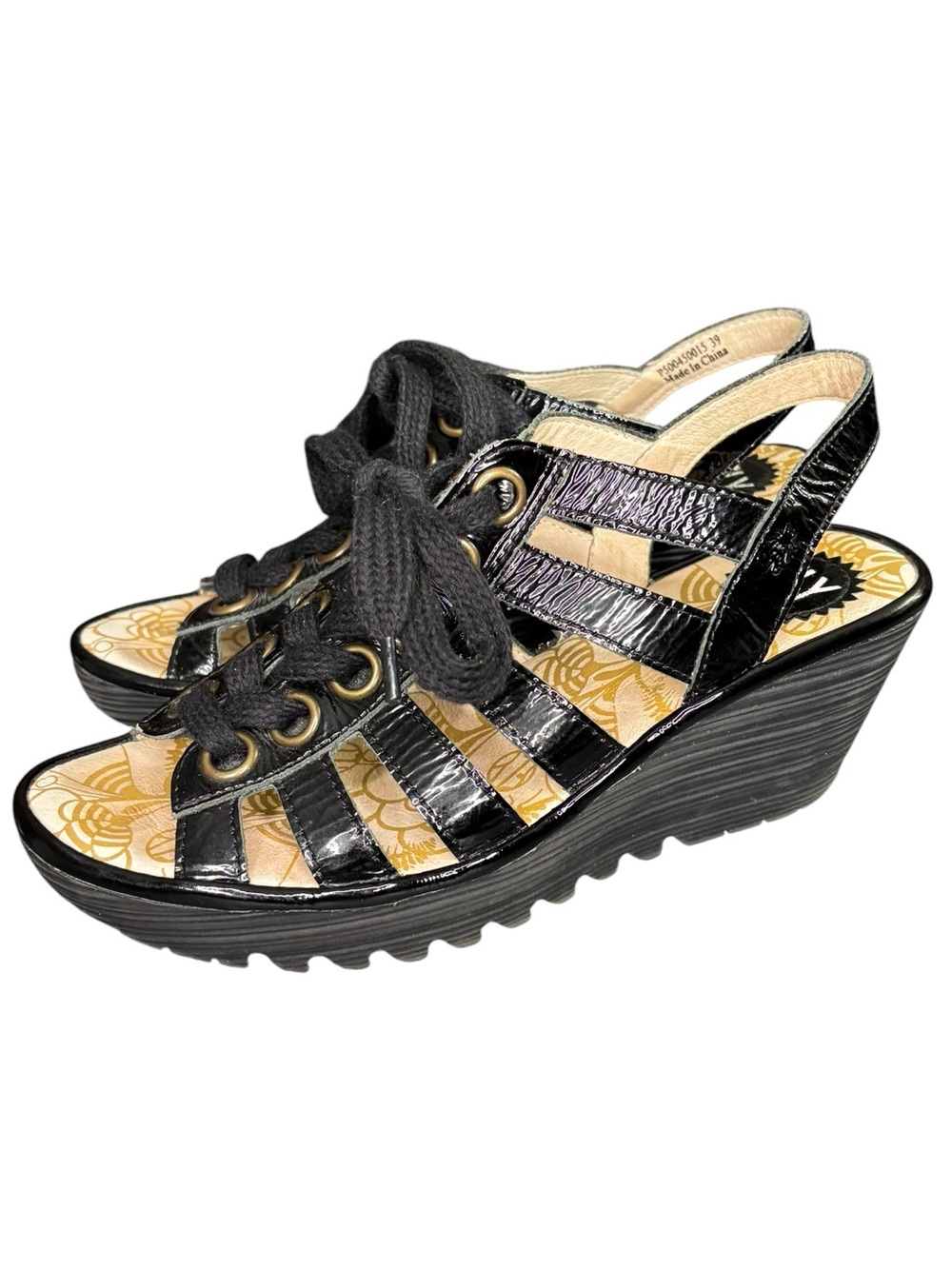 Fly London Yito Black Patent Leather Caged Lace-up Wedge Sandals Size 39 8-8.5